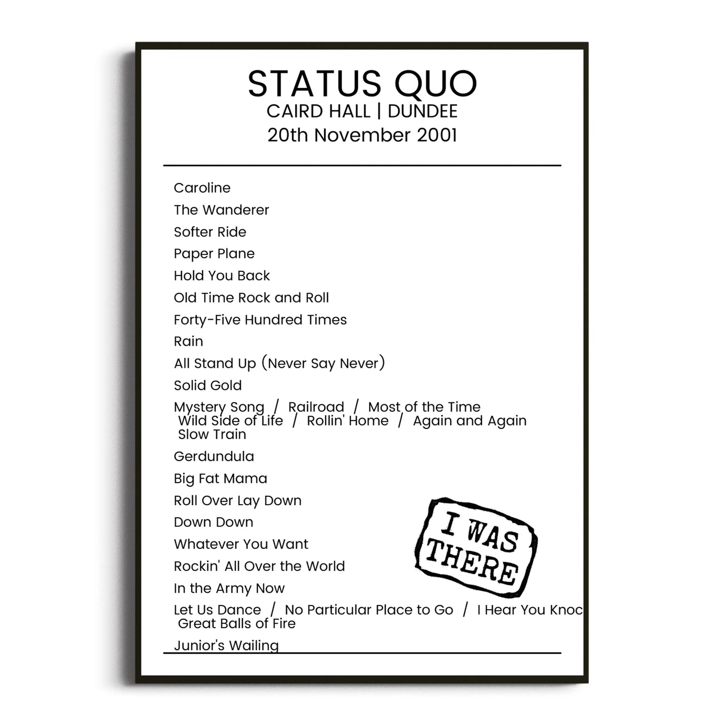 Status Quo Dundee 20 November 2001 Setlist Poster