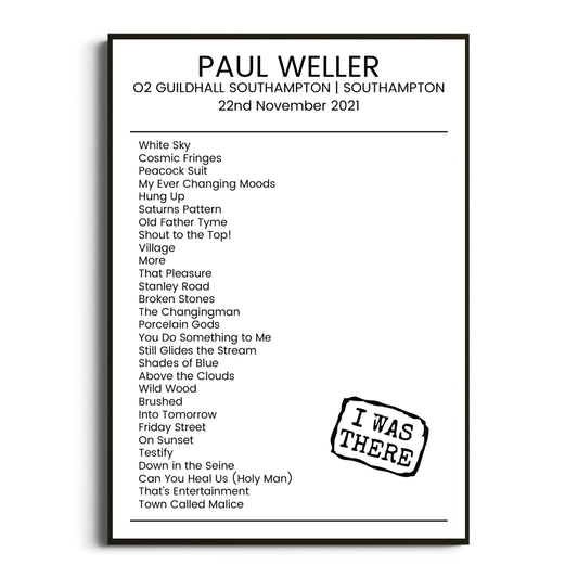 Paul Weller Southampton 22 November 2021 Setlist Poster