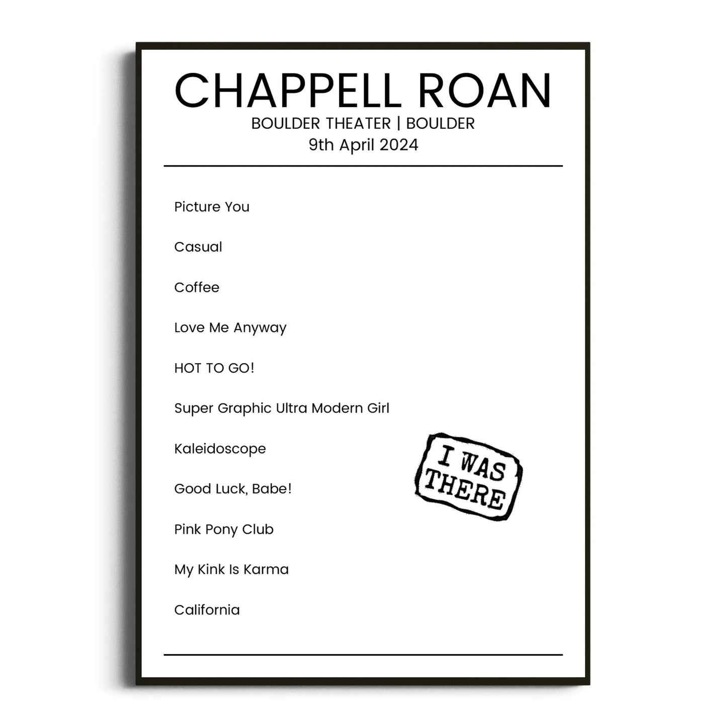 Chappell Roan Boulder 09 April 2024 Setlist Poster