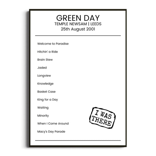 Green Day Leeds 25 August 2001 Setlist Poster