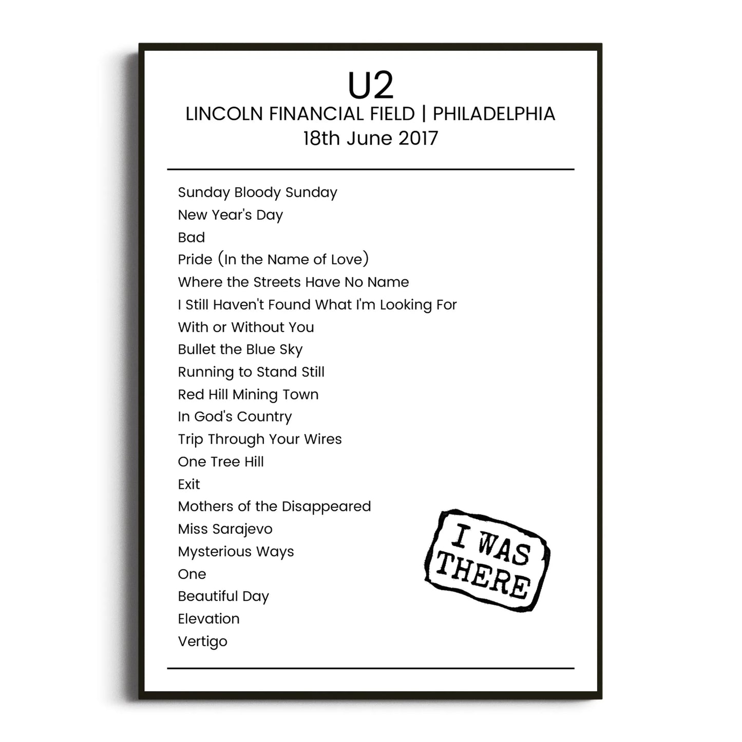 U2 Philadelphia 18 June 2017 Setlist Poster