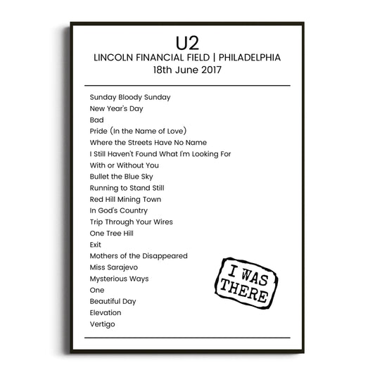 U2 Philadelphia 18 June 2017 Setlist Poster