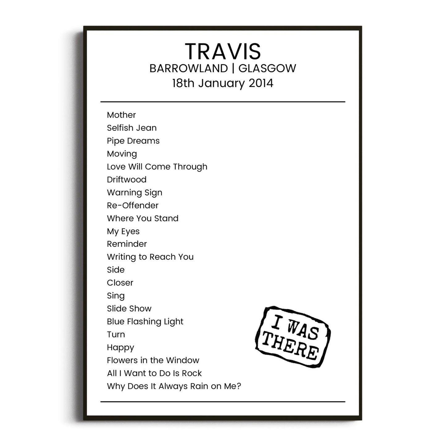 Travis Glasgow 18 January 2014 Setlist Poster