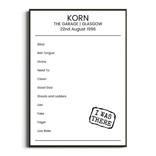 Korn Glasgow 22 August 1996 Setlist Poster