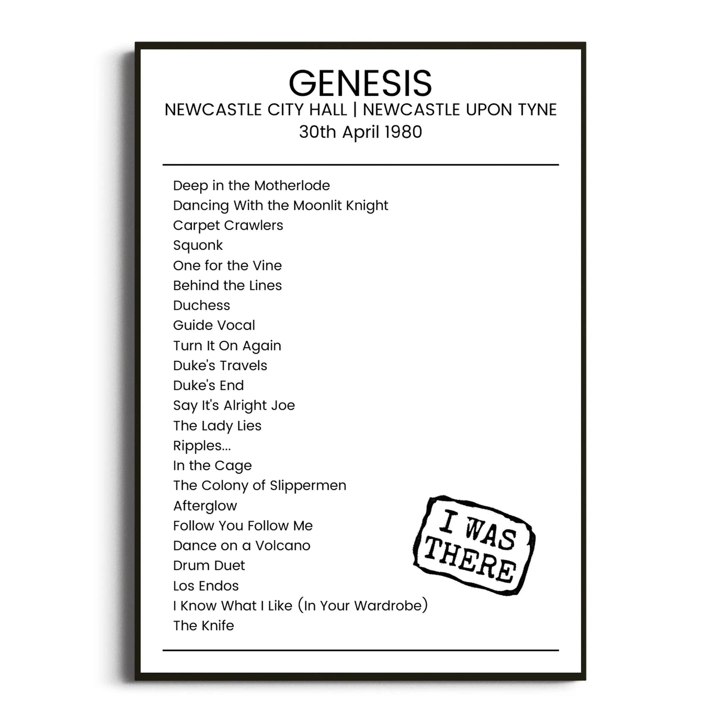 Genesis Newcastle upon Tyne 30 April 1980 Setlist Poster