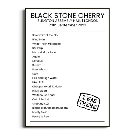 Black Stone Cherry London 29 September 2023 Setlist Poster