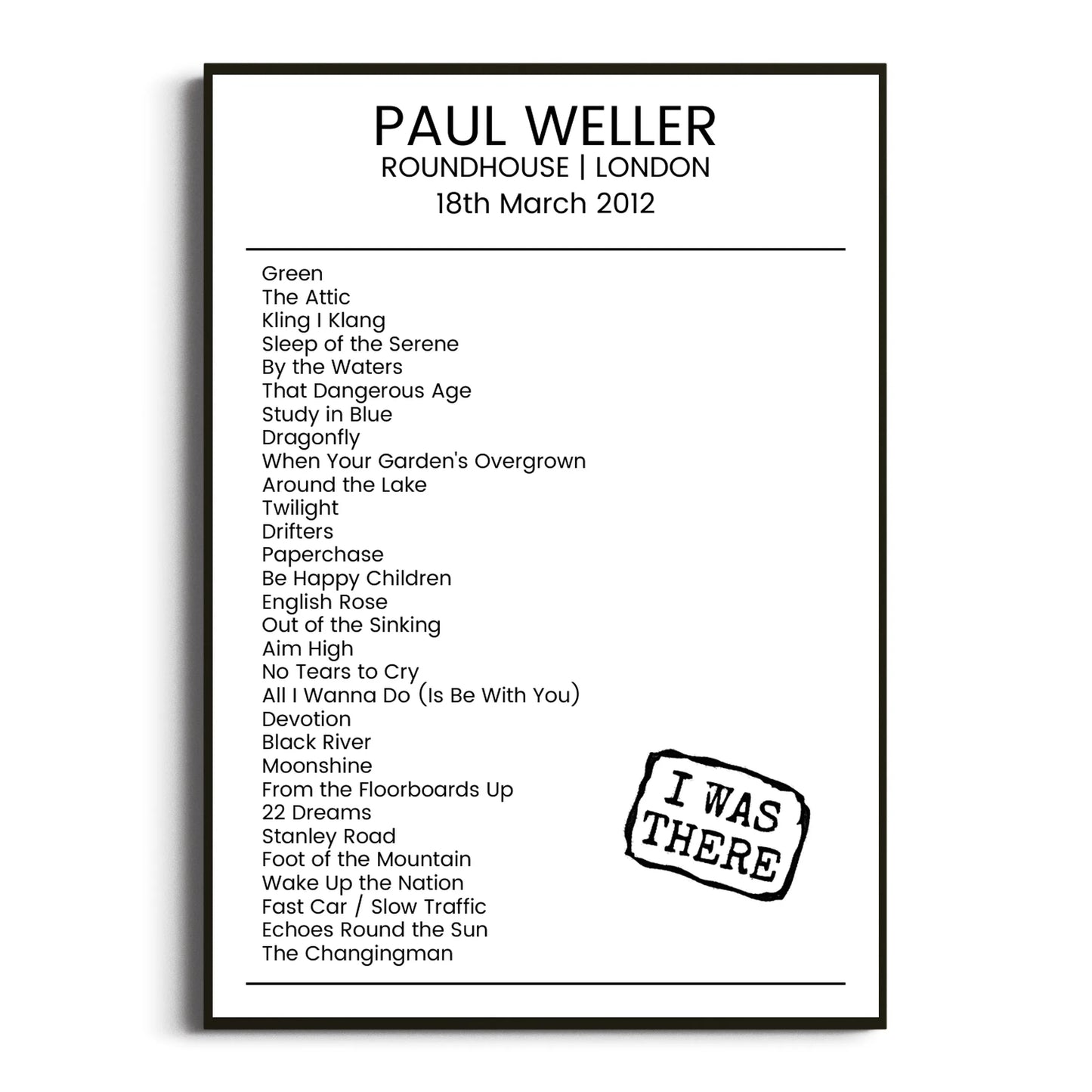 Paul Weller London 18 March 2012 Setlist Poster