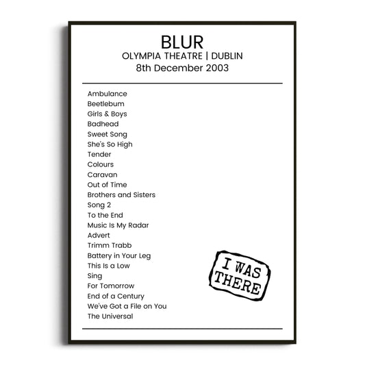 Blur Dublin 08 December 2003 Setlist Poster