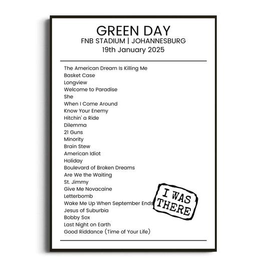 Green Day Johannesburg 19 January 2025 Setlist Poster