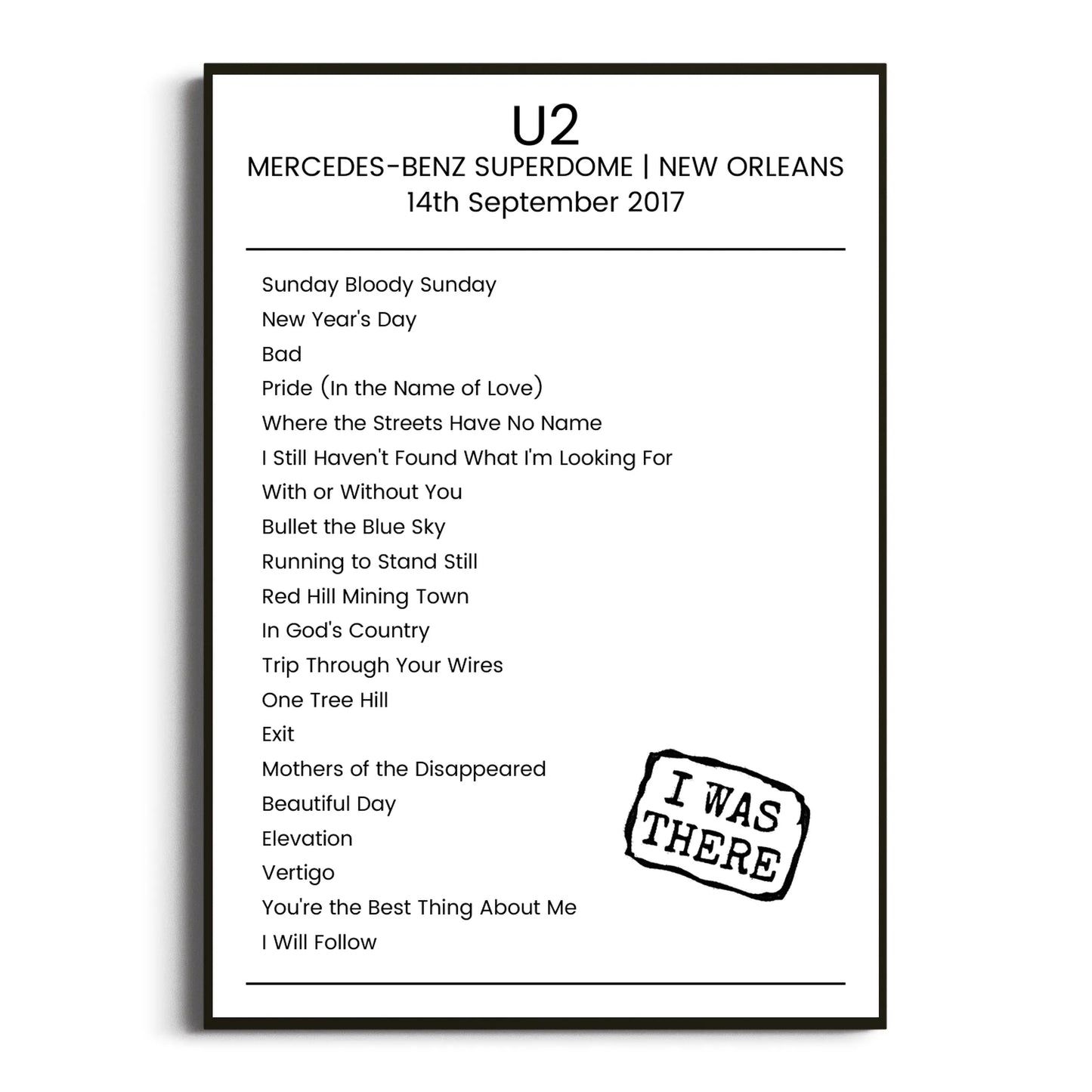 U2 New Orleans 14 September 2017 Setlist Poster