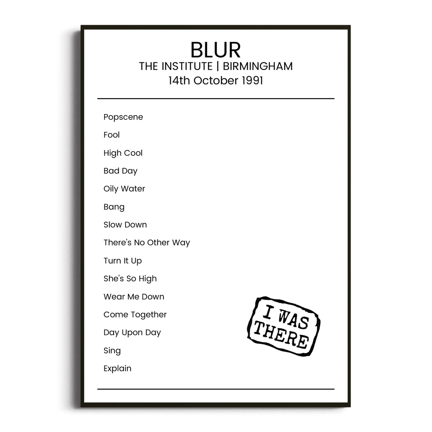 Blur Birmingham 14 October 1991 Setlist Poster