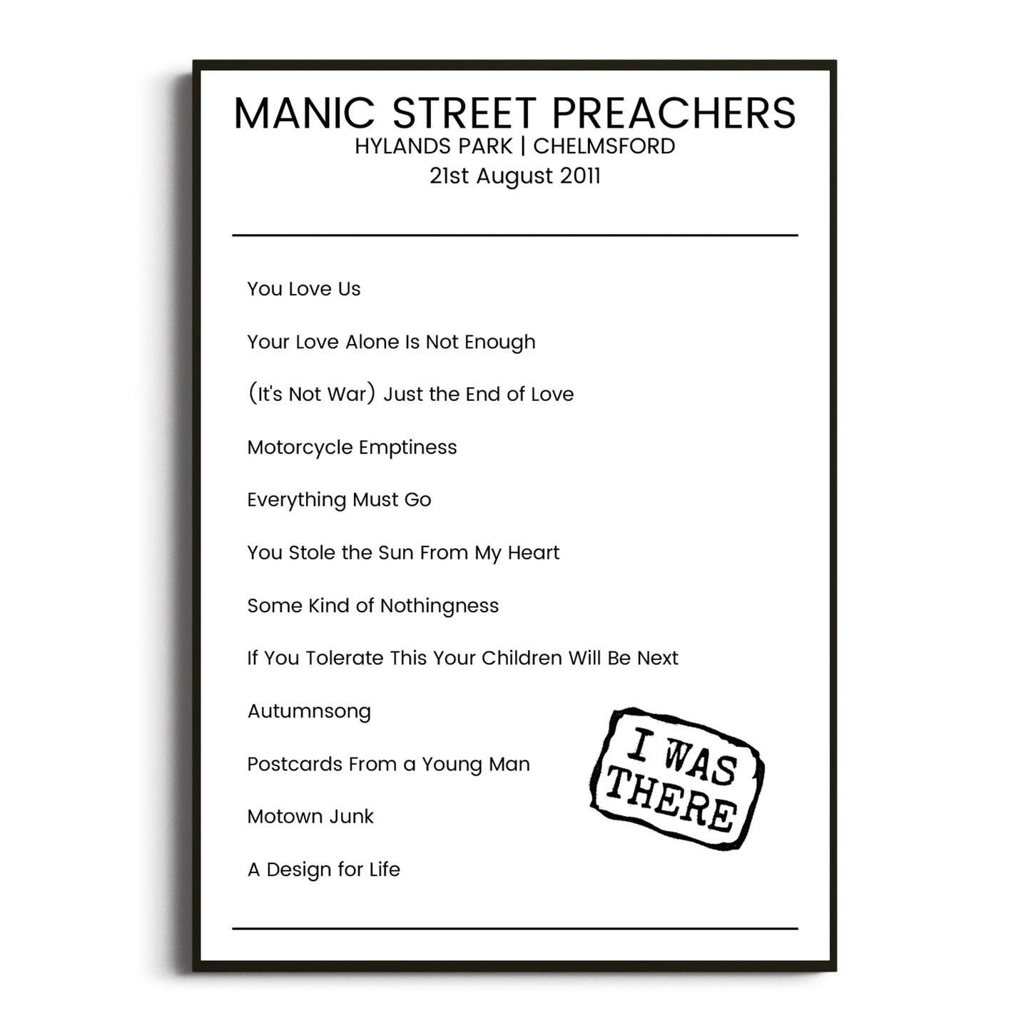 Manic Street Preachers Chelmsford 21 August 2011 Setlist Poster