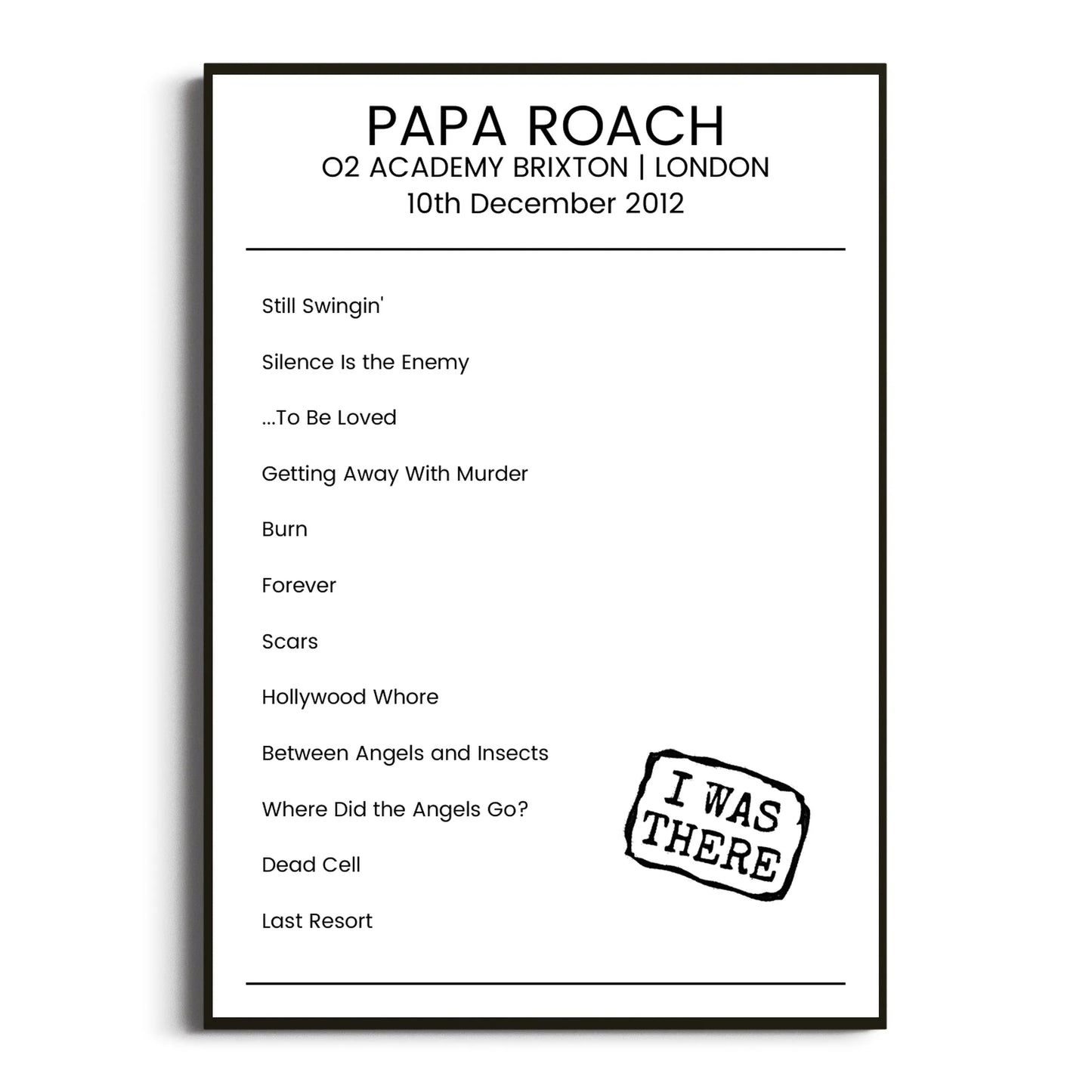 Papa Roach London 10 December 2012 Setlist Poster