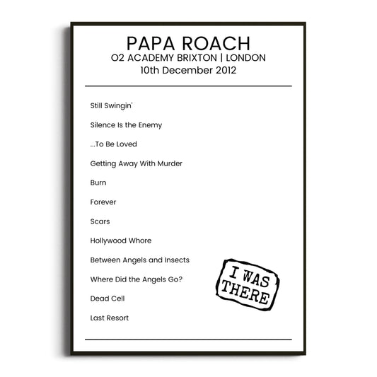 Papa Roach London 10 December 2012 Setlist Poster