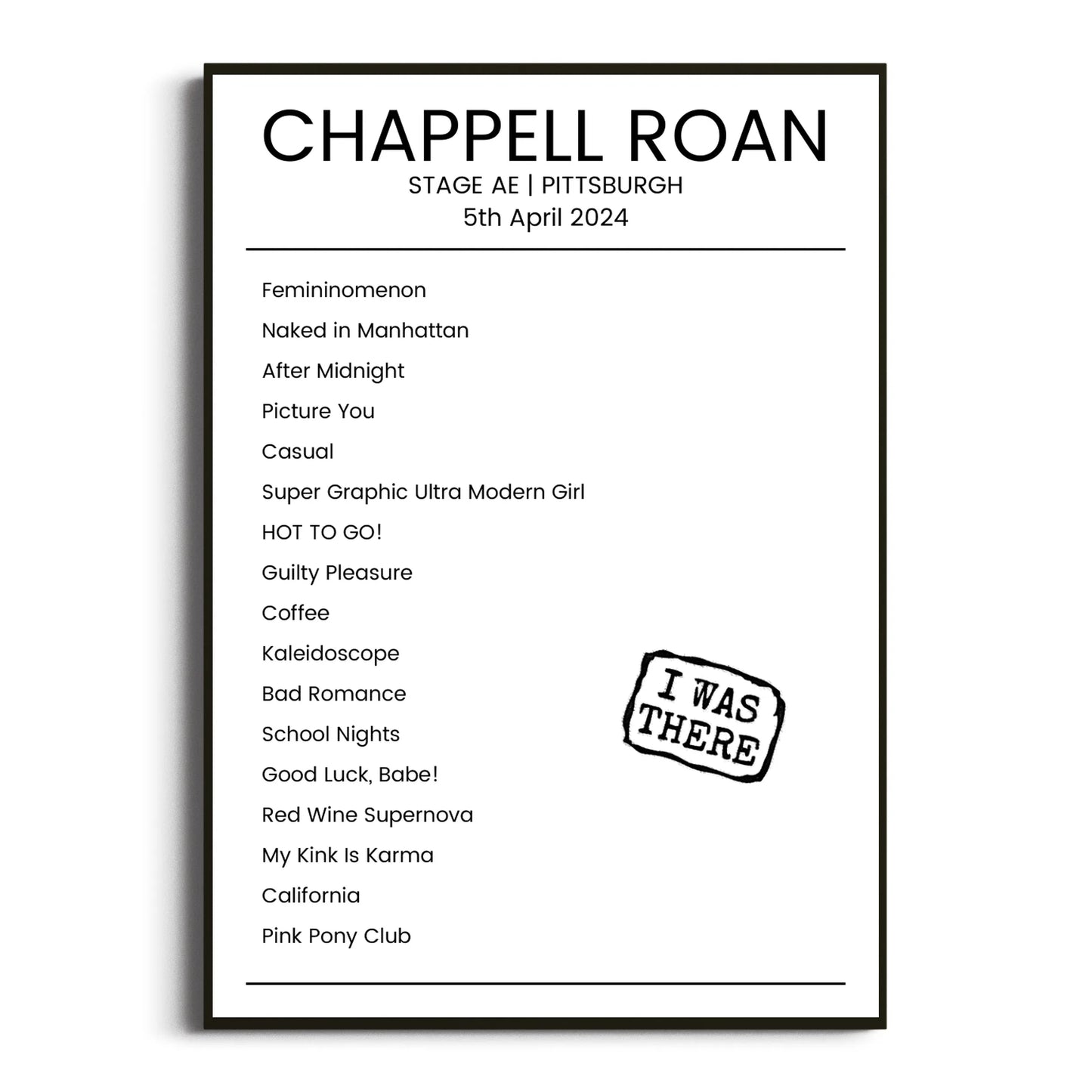 Chappell Roan Pittsburgh 05 April 2024 Setlist Poster