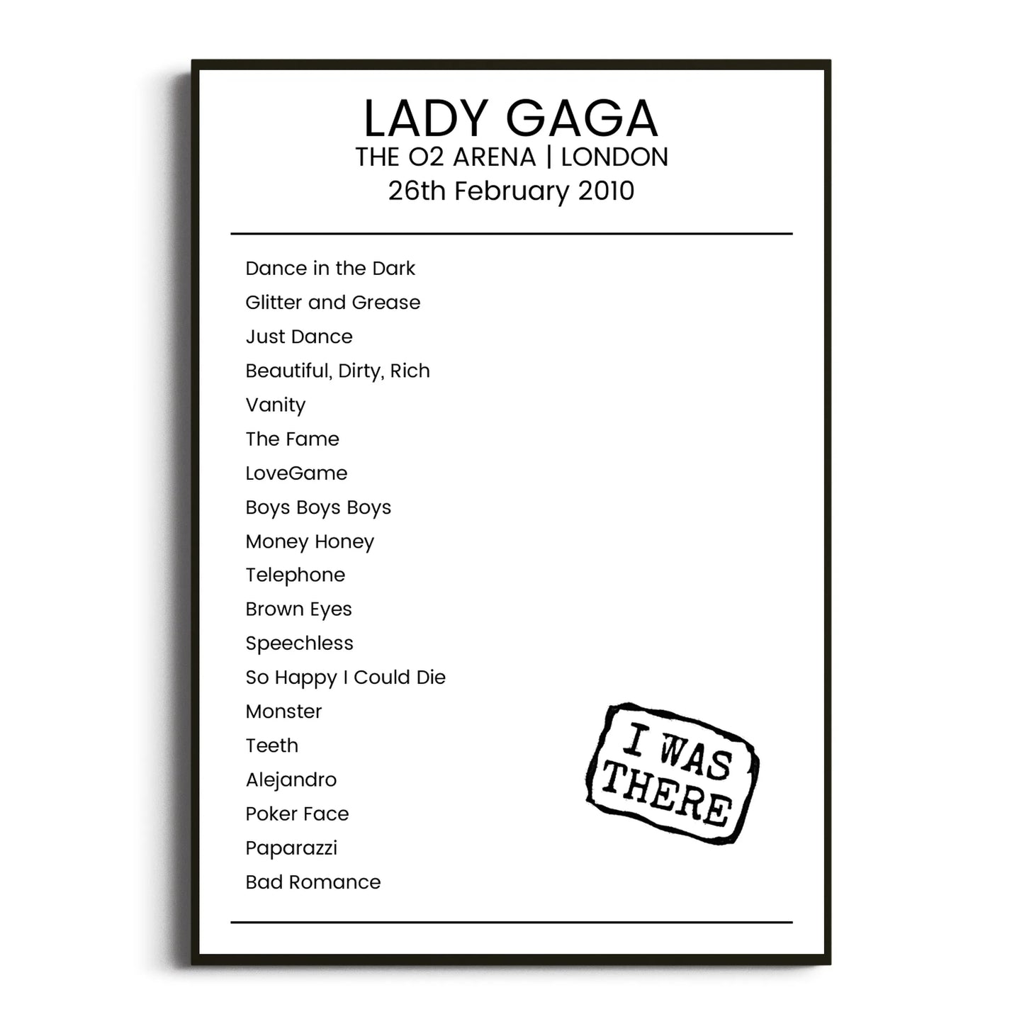 Lady Gaga London 26 February 2010 Setlist Poster