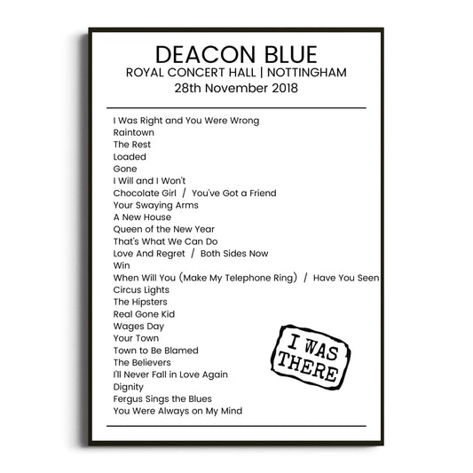 Deacon Blue Nottingham 28 November 2018 Setlist Poster