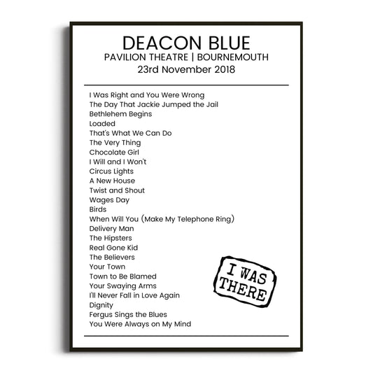 Deacon Blue Bournemouth 23 November 2018 Setlist Poster