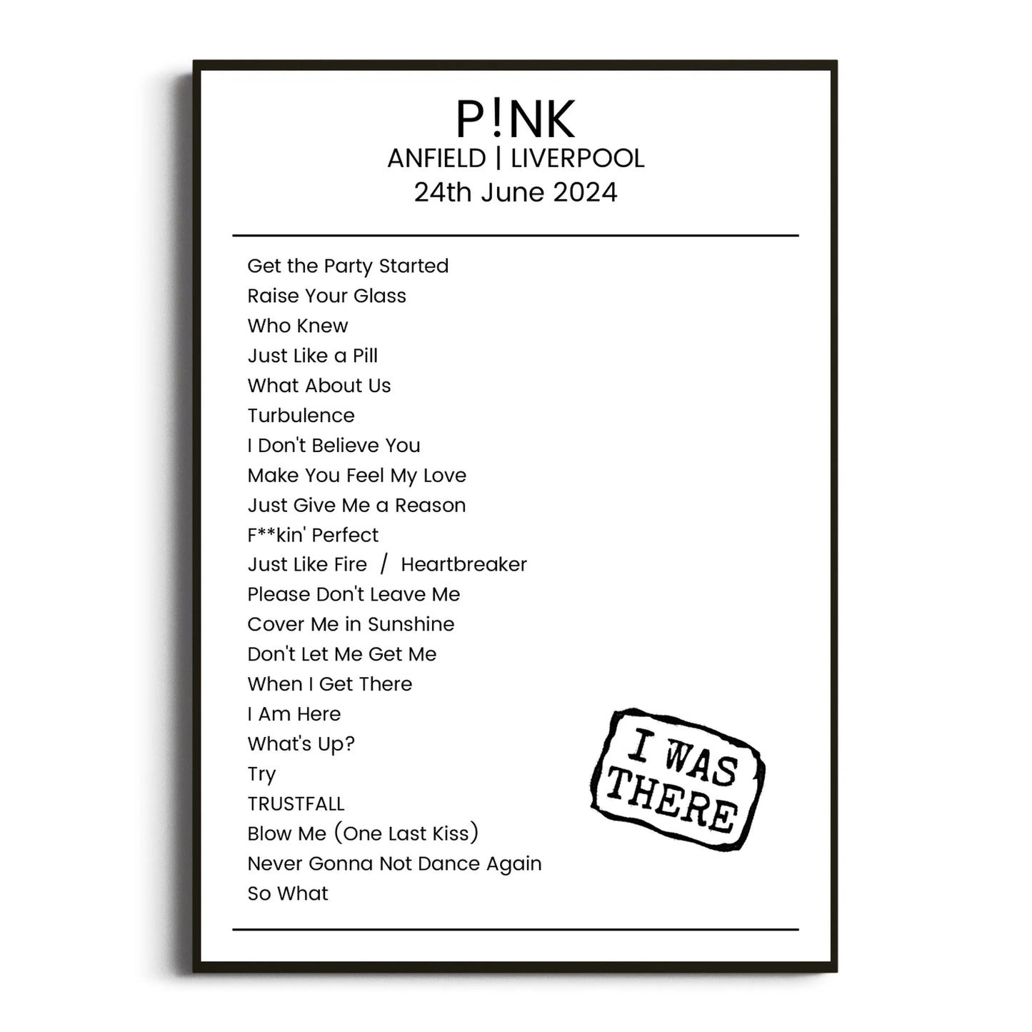 P!nk Liverpool 24 June 2024 Setlist Poster