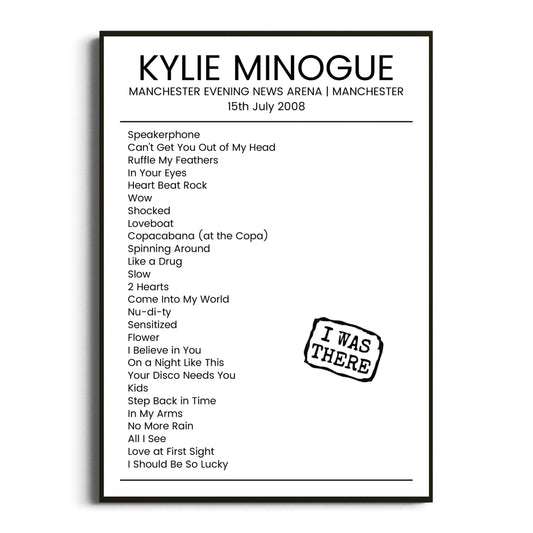 Kylie Minogue Manchester 15 July 2008 Setlist Poster