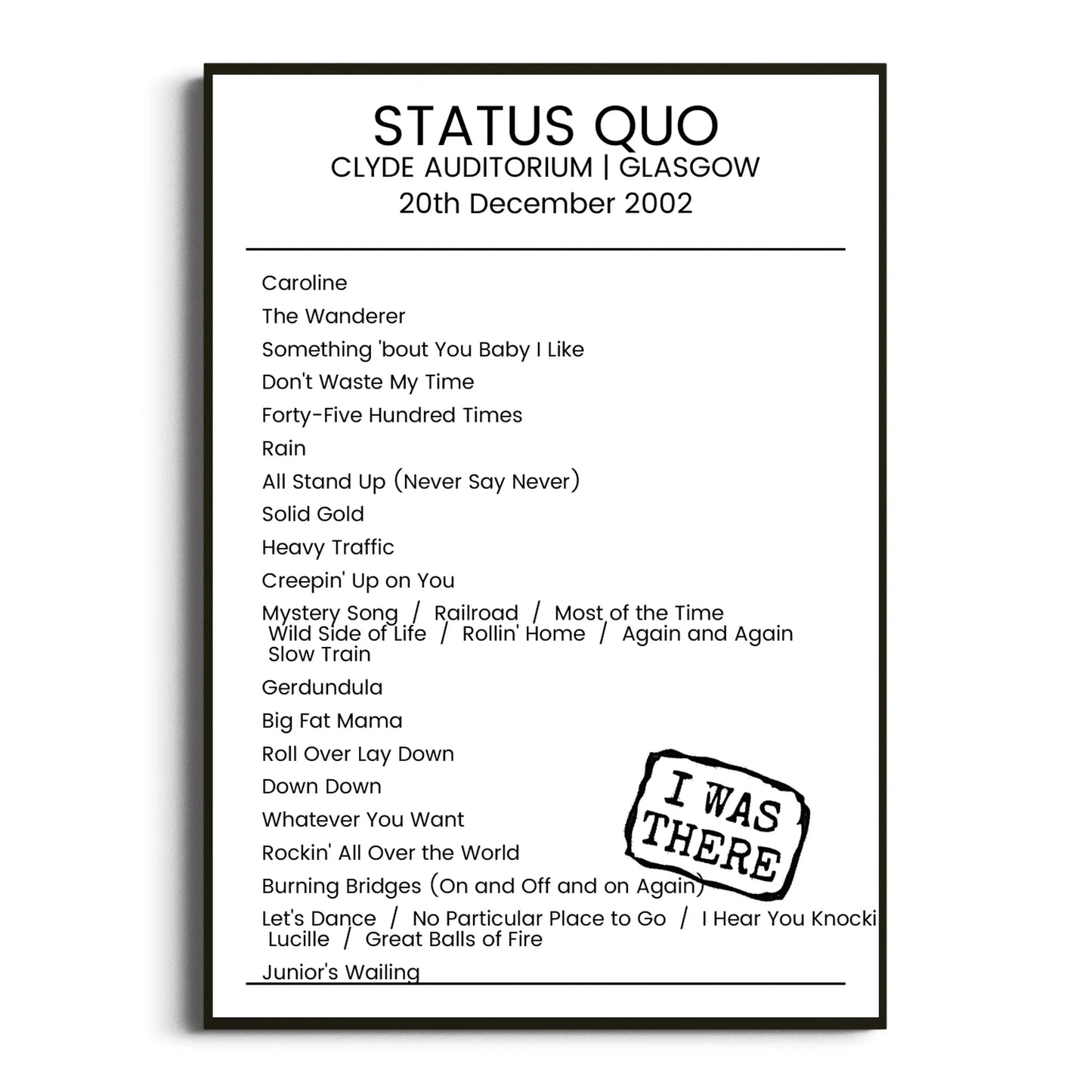 Status Quo Glasgow 20 December 2002 Setlist Poster