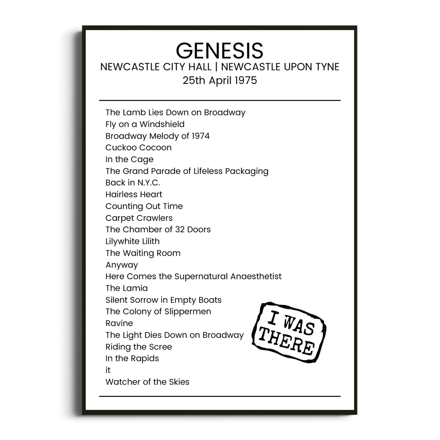 Genesis Newcastle upon Tyne 25 April 1975 Setlist Poster