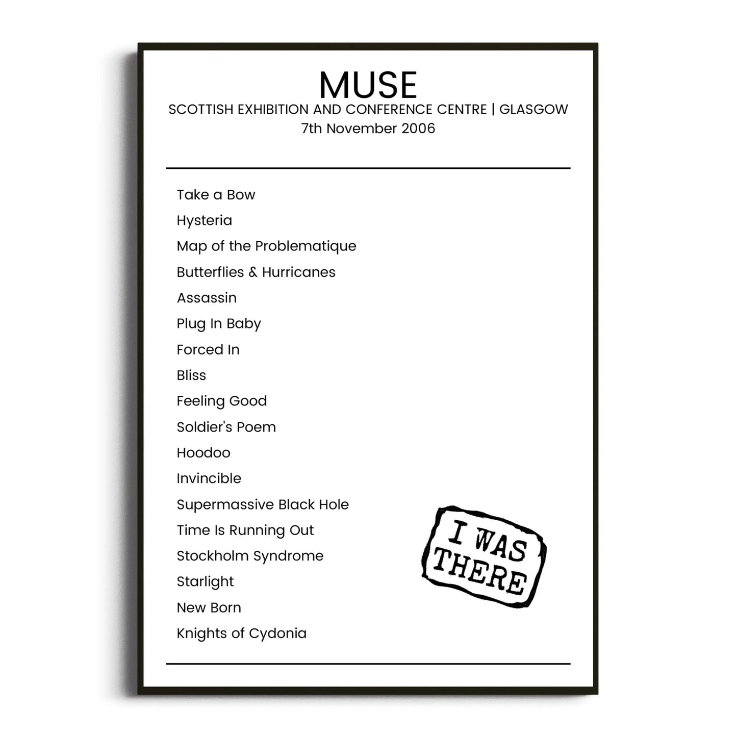 Muse Glasgow 07 November 2006 Setlist Poster