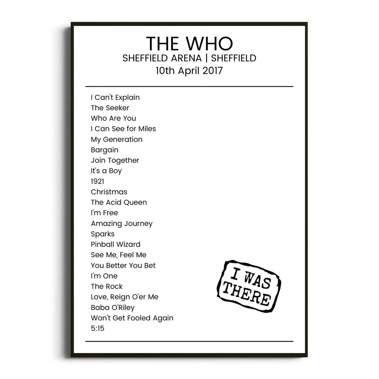 The Who Sheffield 10 April 2017 Setlist Poster