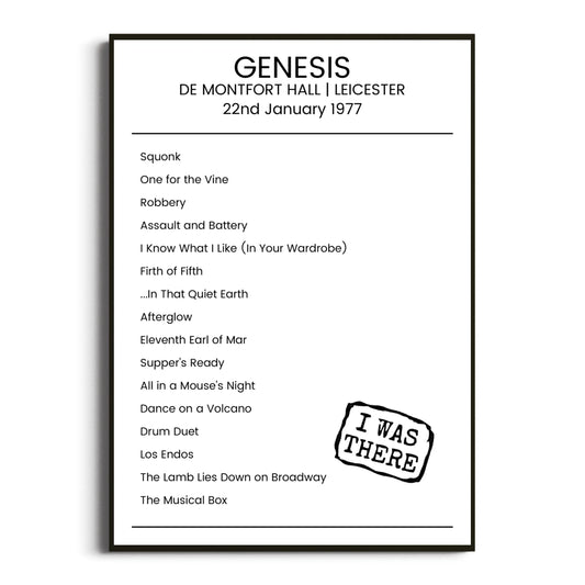 Genesis Leicester 22 January 1977 Setlist Poster