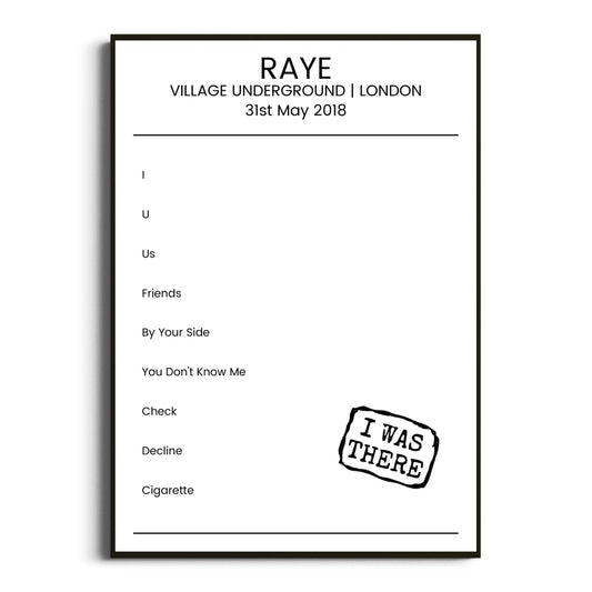 RAYE London 31 May 2018 Setlist Poster