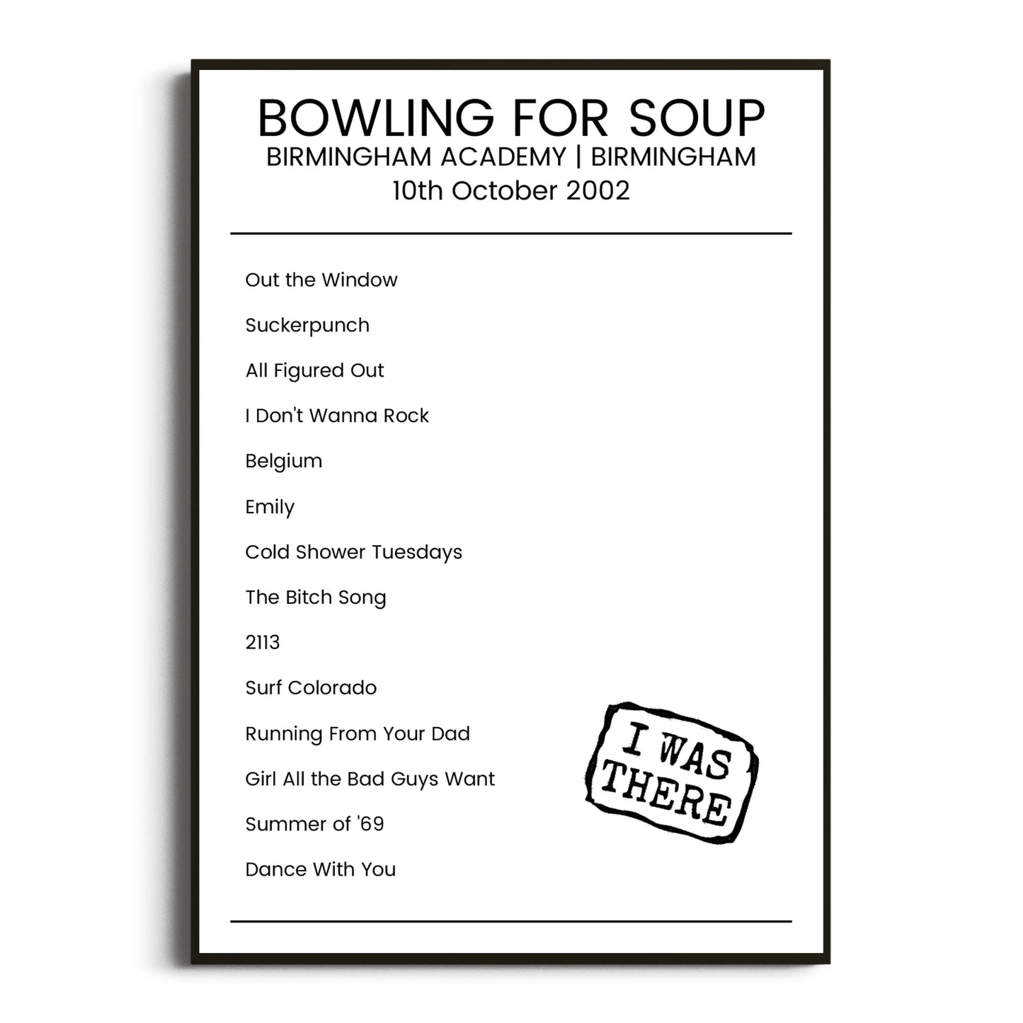 Bowling for Soup Birmingham 10 October 2002 Setlist Poster