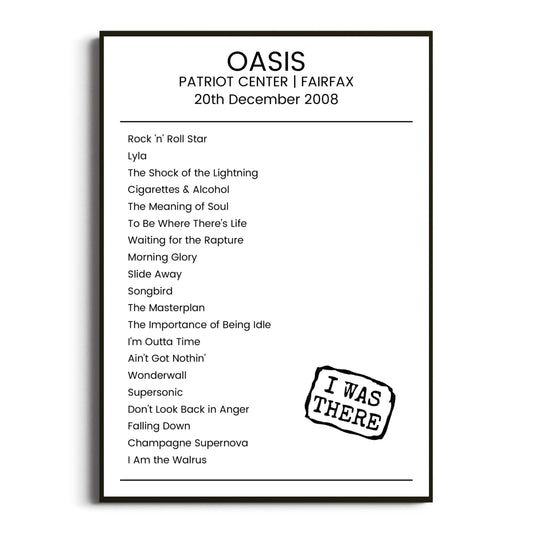 Oasis Fairfax 20 December 2008 Setlist Poster