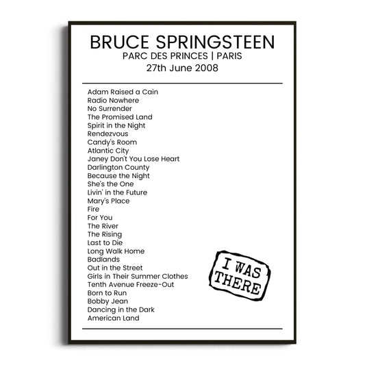 Bruce Springsteen Paris 27 June 2008 Setlist Poster