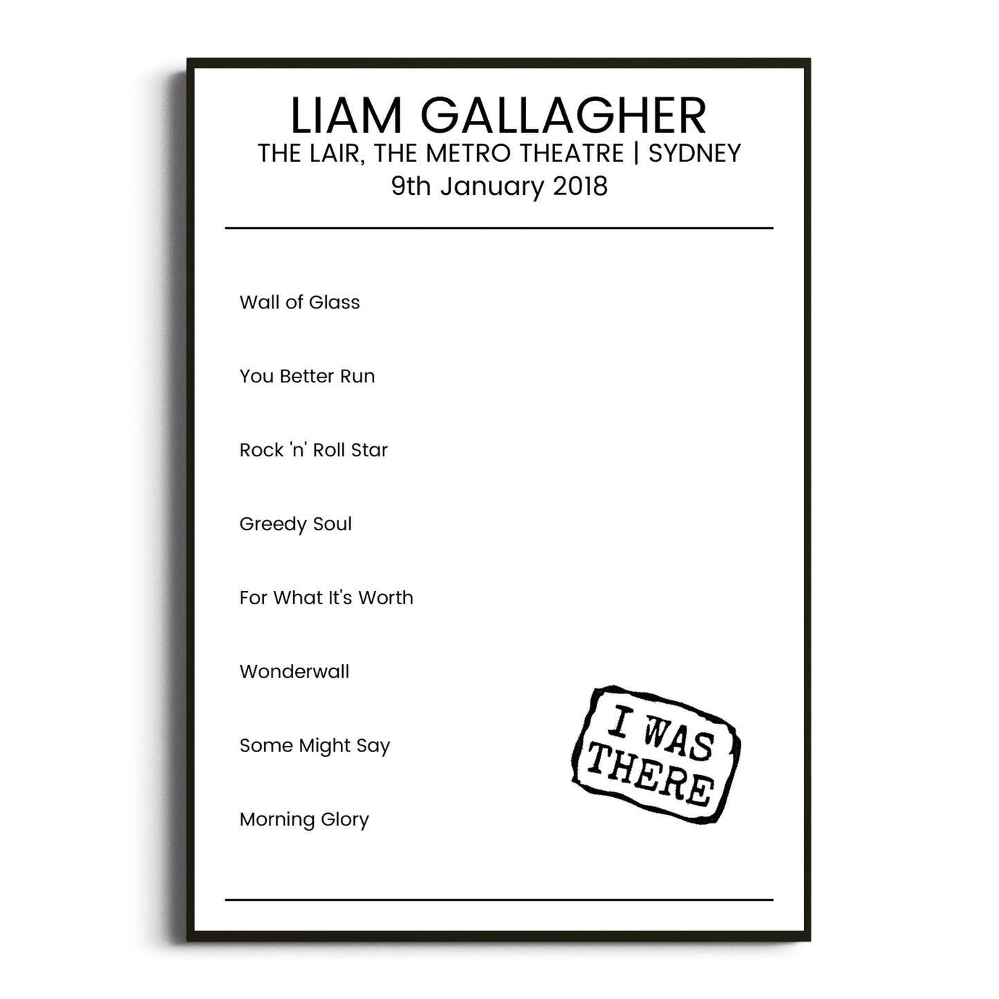 Liam Gallagher Sydney 09 January 2018 Setlist Poster