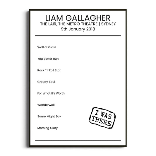 Liam Gallagher Sydney 09 January 2018 Setlist Poster