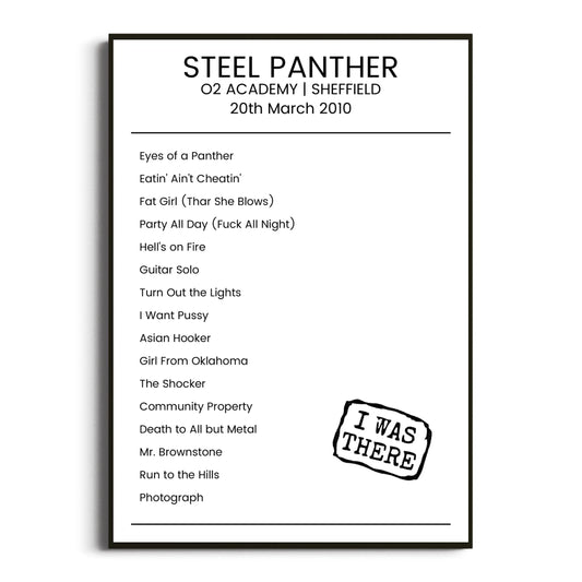 Steel Panther Sheffield 20 March 2010 Setlist Poster