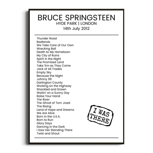 Bruce Springsteen London 14 July 2012 Setlist Poster