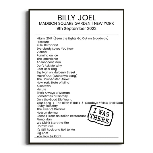 Billy Joel New York 09 September 2022 Setlist Poster