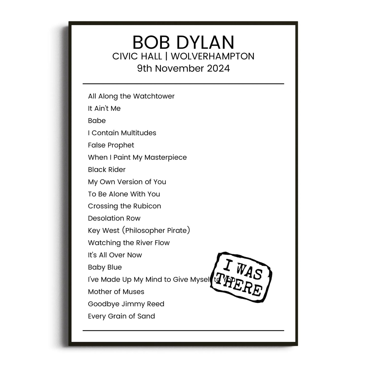 Bob Dylan Wolverhampton 09 November 2024 Setlist Poster