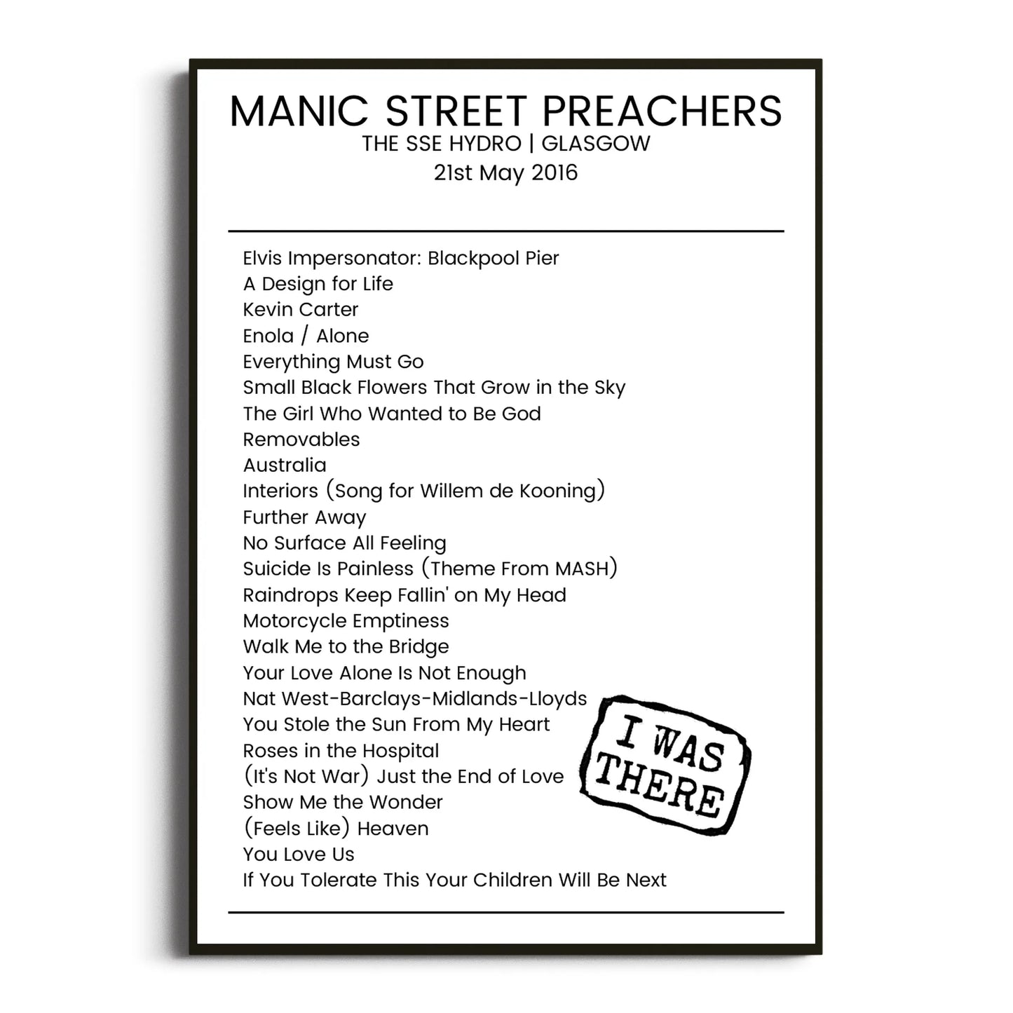 Manic Street Preachers Glasgow 21 May 2016 Setlist Poster