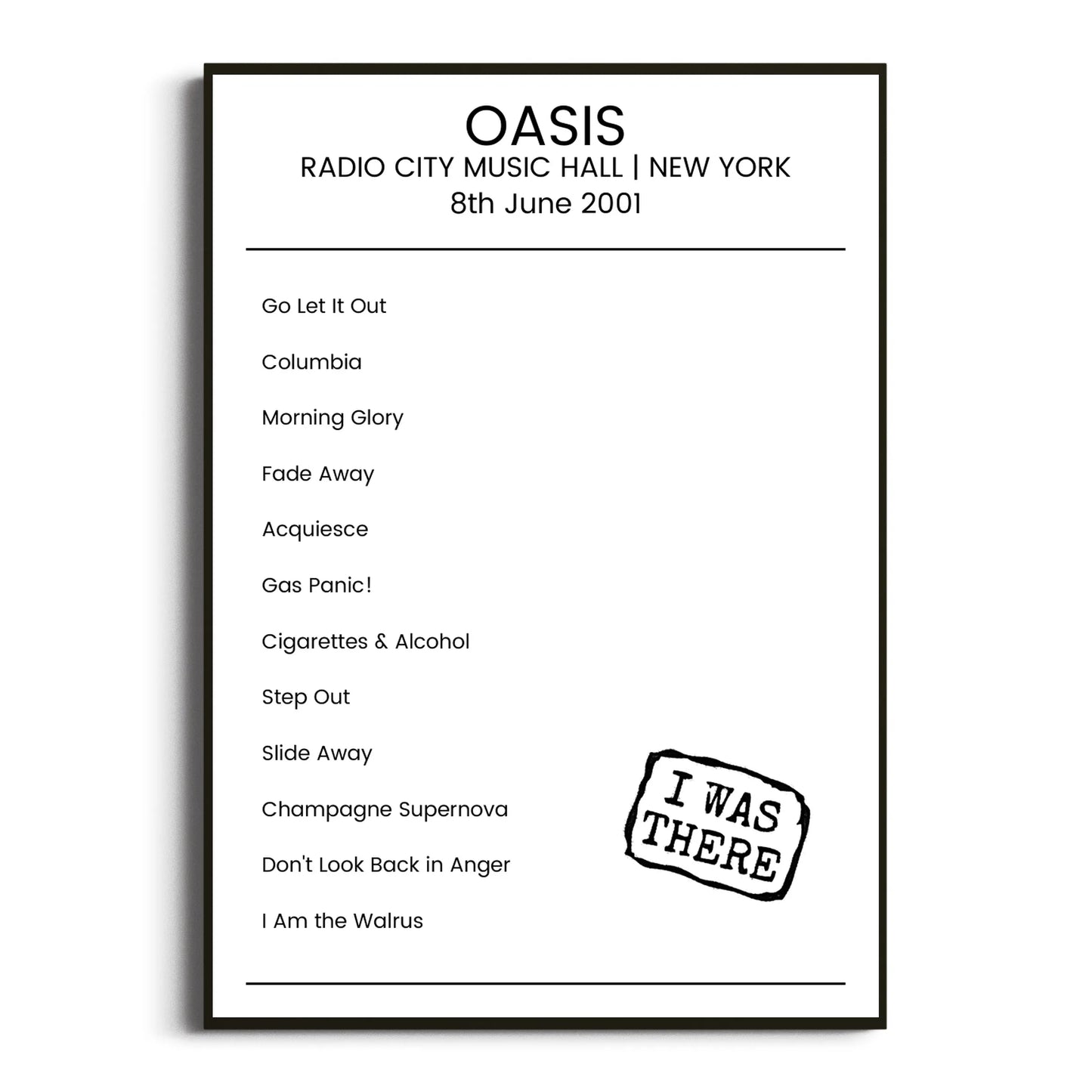 Oasis New York 08 June 2001 Setlist Poster