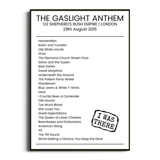 The Gaslight Anthem London 29 August 2015 Setlist Poster