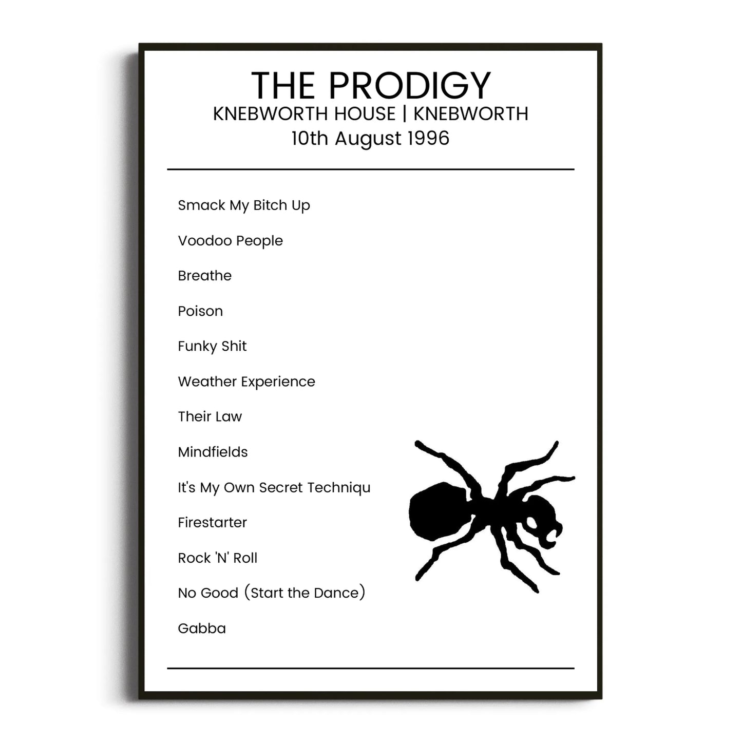 The Prodigy Knebworth 10 August 1996 Setlist Poster