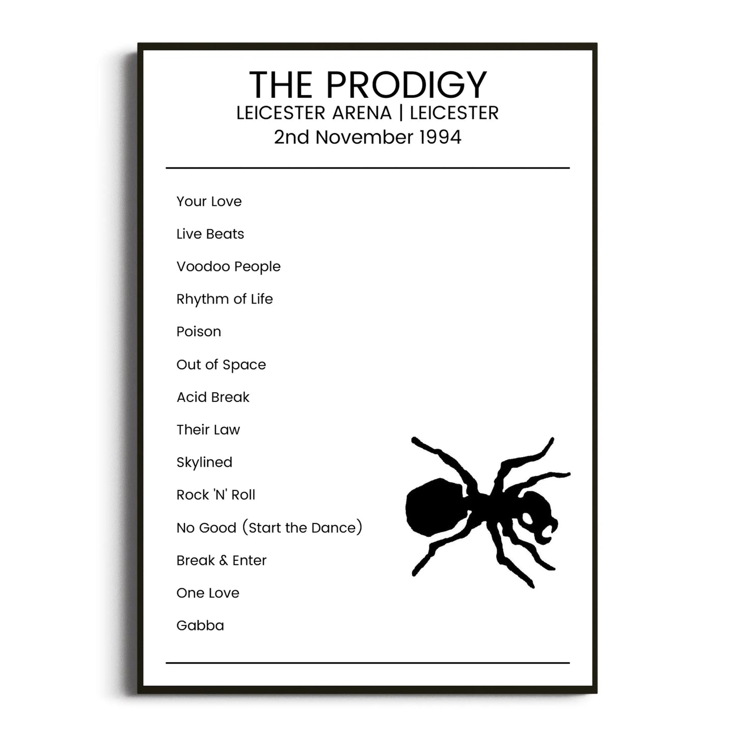 The Prodigy Leicester 02 November 1994 Setlist Poster