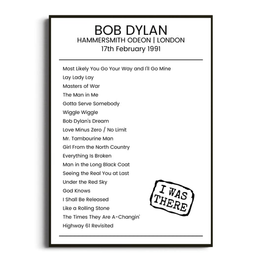 Bob Dylan London 17 February 1991 Setlist Poster