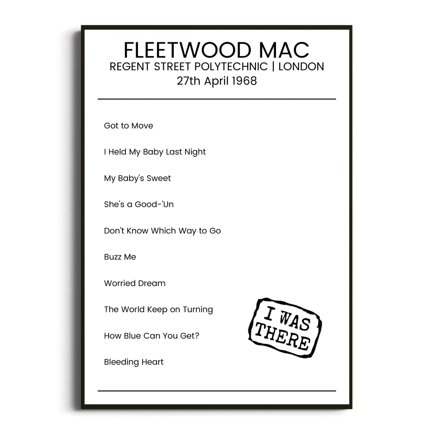 Fleetwood Mac London 27 April 1968 Setlist Poster