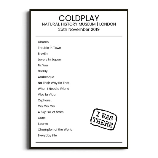 Coldplay London 25 November 2019 Setlist Poster