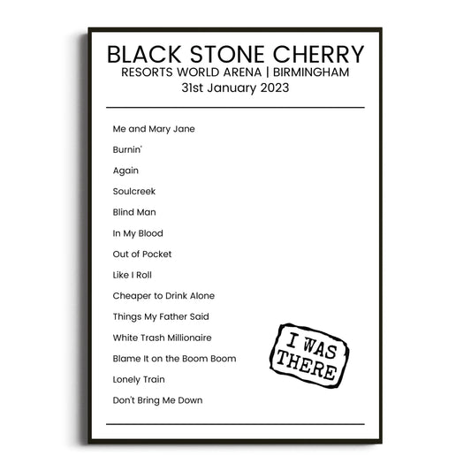 Black Stone Cherry Birmingham 31 January 2023 Setlist Poster