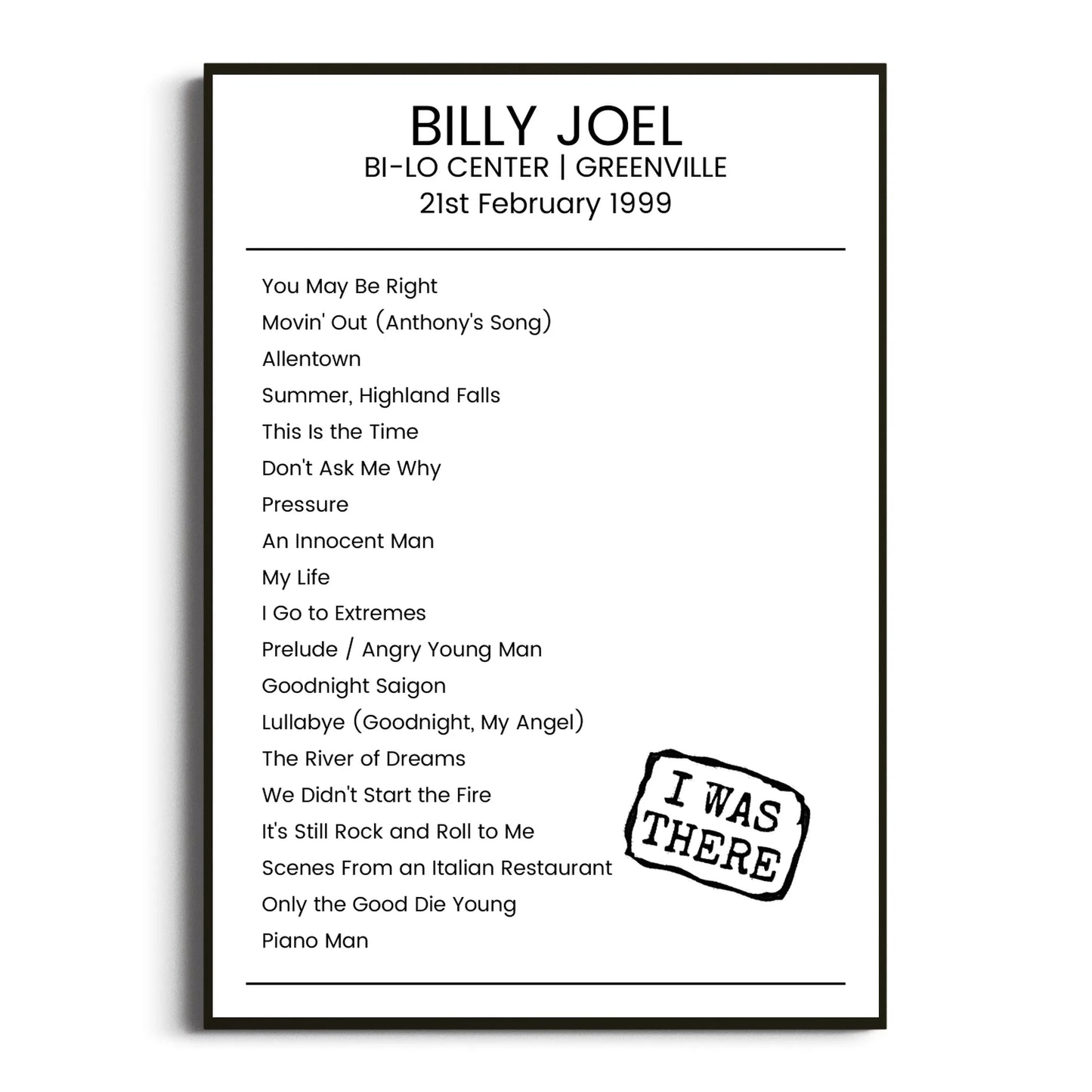 Billy Joel Greenville 21 February 1999 Setlist Poster