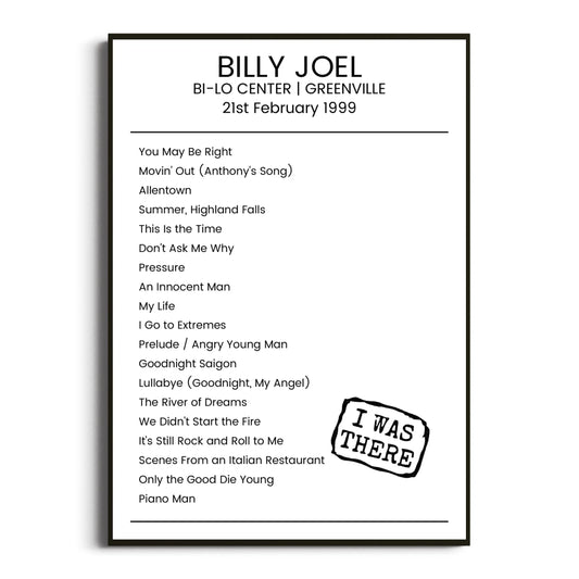 Billy Joel Greenville 21 February 1999 Setlist Poster